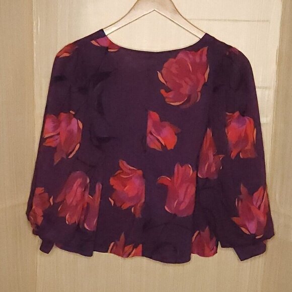 A New Day Purple Floral Cropped Balloon Sleeve Blouse XL - Picture 2 of 6